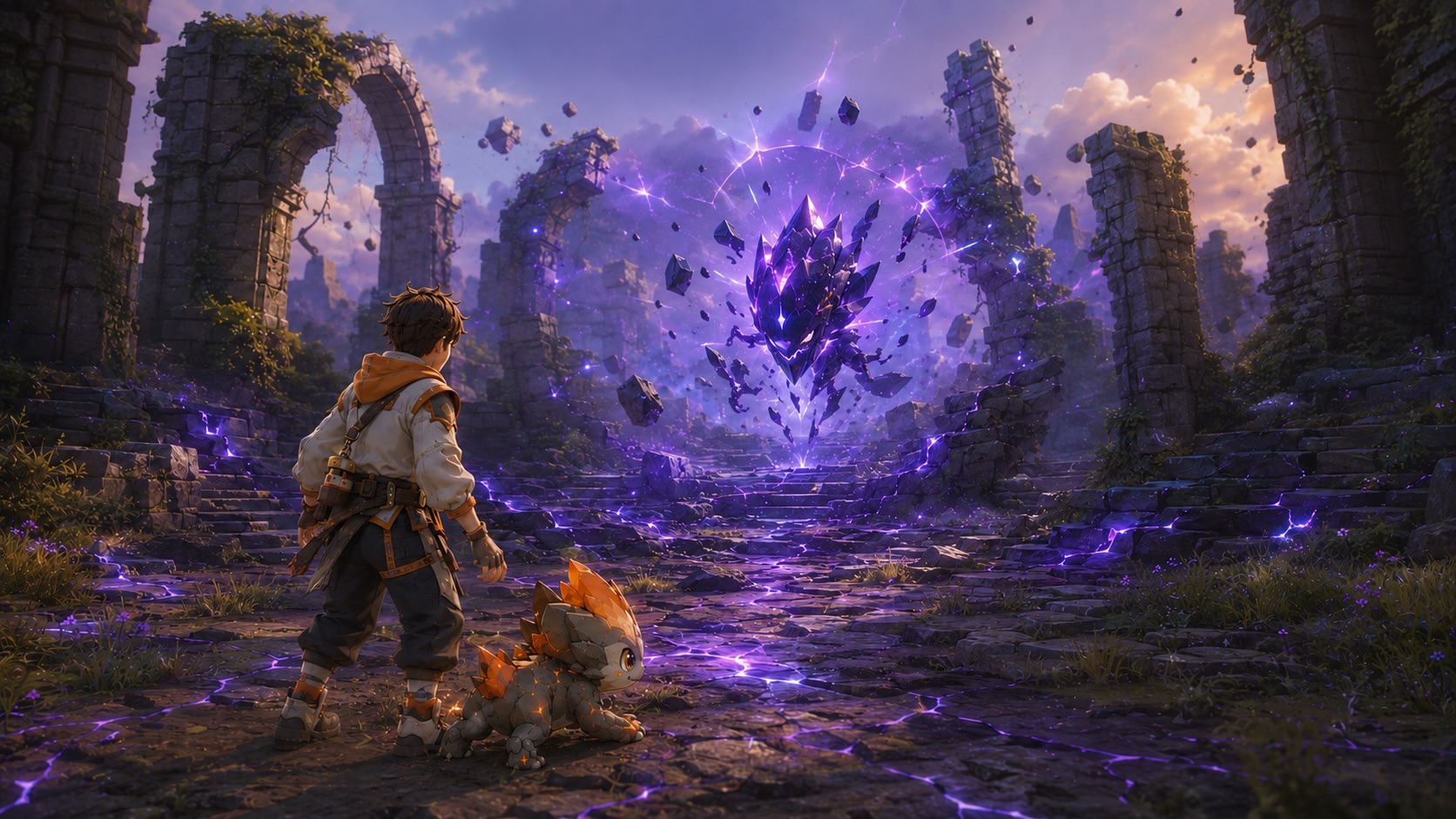 A boss encounter: the player and Brakko face a huge crystalline being in ancient ruins
