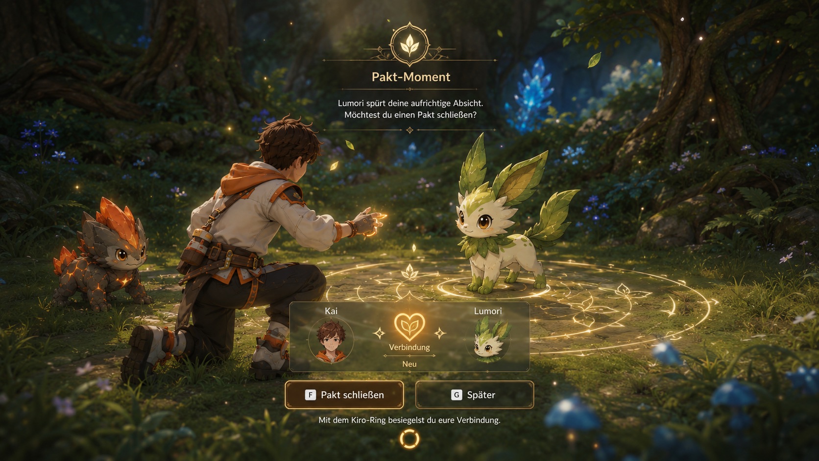A pact moment: the player kneels before Lumori inside a glowing circle