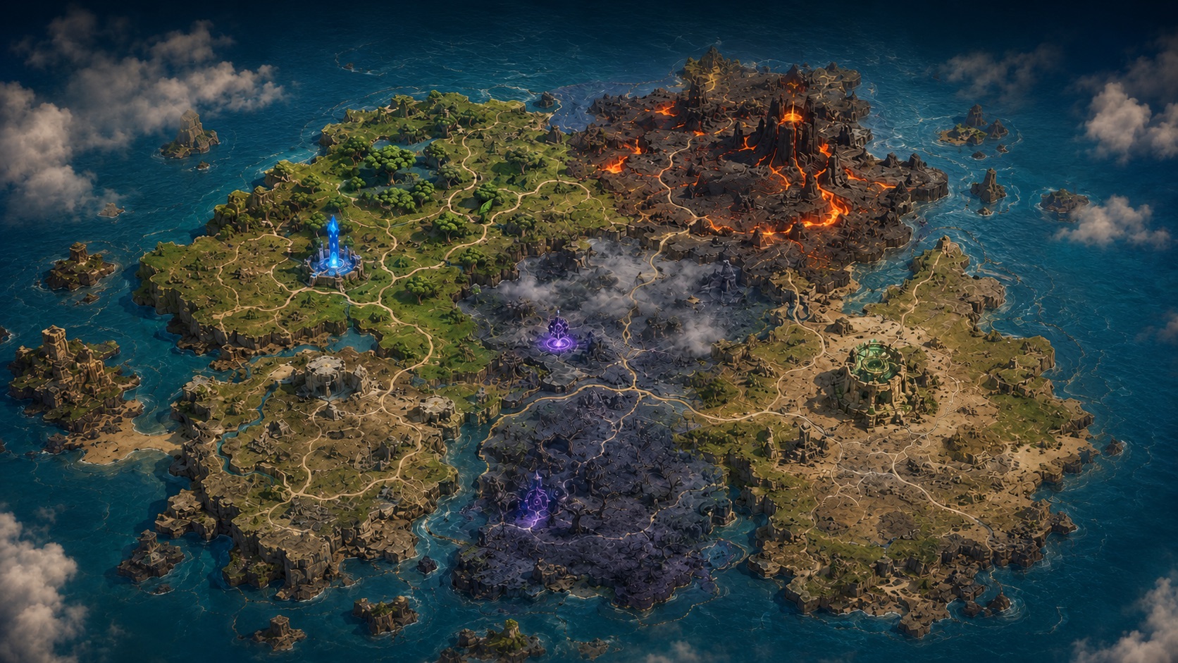 World map of KIVORA — open-world monster taming RPG with living biomes: Liora Grove, Emberroot Rim, Mistroot Marsh, Splinterfield and Iron Crown